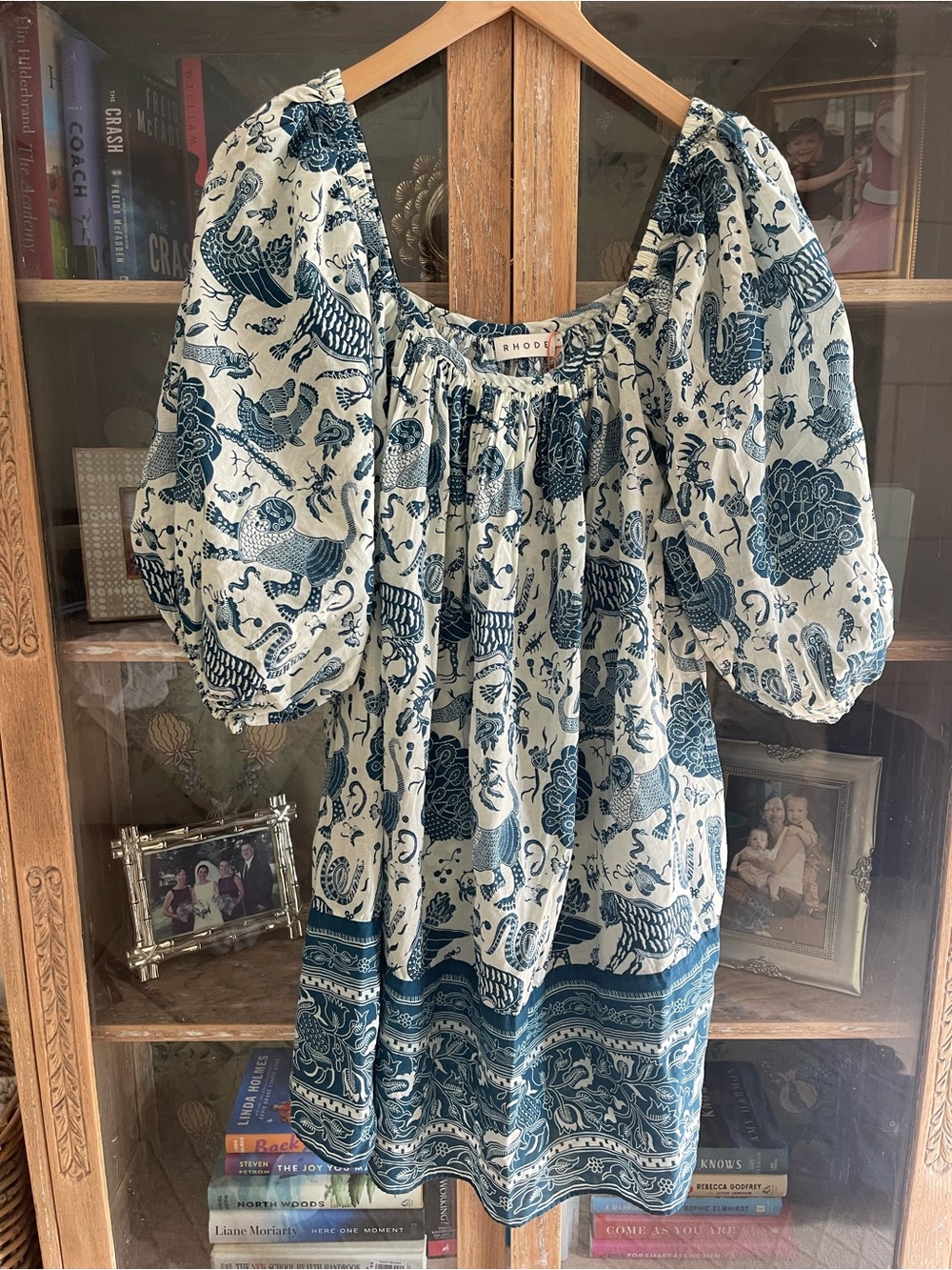 RHODE Blue and Cream Printed Puff-Sleeve Mini Dress